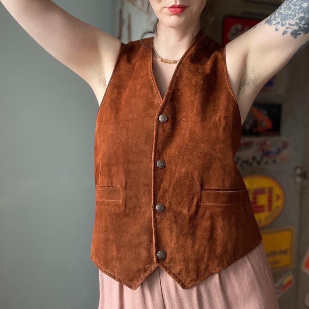 Vintage 70s Suede Western Vest | Rust Brown Leather | Made In Mexico | L